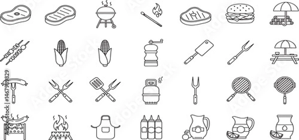 Fototapeta BBQ barbecue and grill related editable stroke outline icons set isolated on white background flat vector illustration.