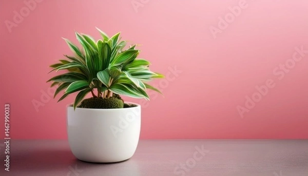 Obraz small green plant in a white pot with pink background