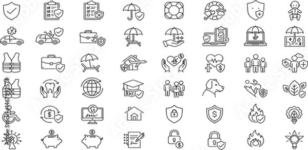 Fototapeta Insurance, assurance, protection and risk editable stroke outline icons set isolated on white background flat vector illustration