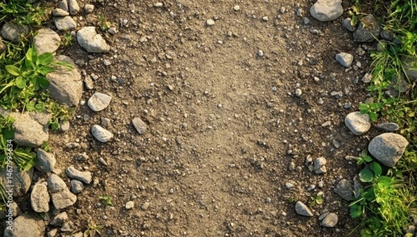 Obraz Dirt path bordered by rocks and grass.  Top-down view.  Natural path