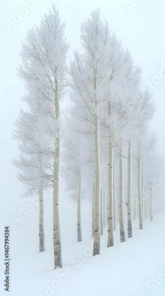 Obraz Hoarfrost-covered aspen trees stand tall in a snowy, misty landscape
