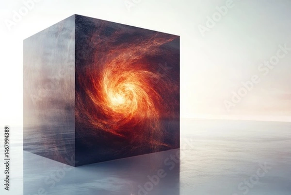 Fototapeta A mysterious cube sits on a reflective surface, containing a swirling vortex of fiery energy within.