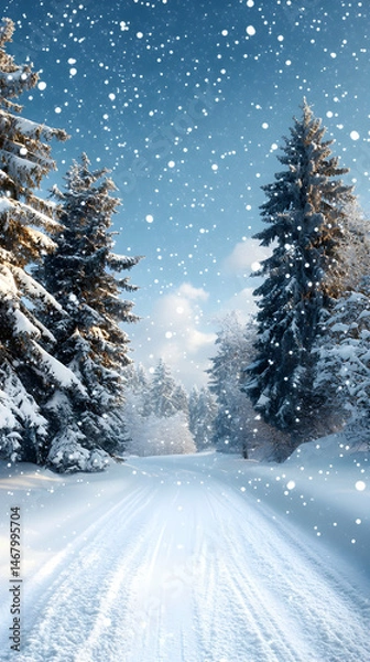 Obraz Snowy road through a winter forest with falling snow