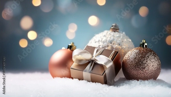Obraz art christmas balls and gift box on snow
