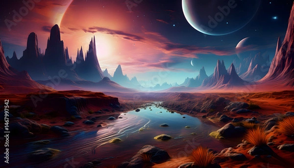Fototapeta Alien Planet Landscape Serene Stream Red Desert Mountains Twin Moons