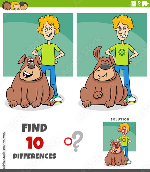 Fototapeta differences puzzle activity with happy cartoon boy and his dog