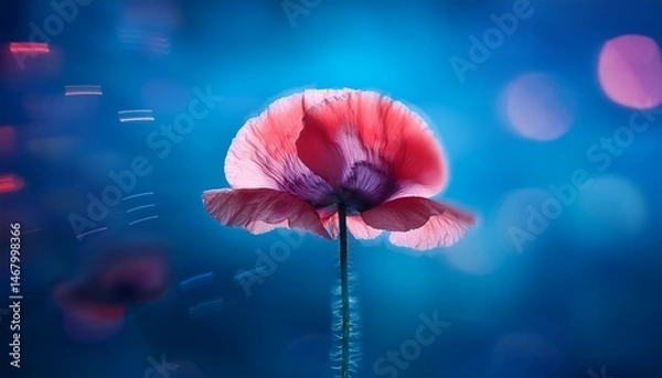 Obraz one single red and pink poppy flower on a blurry blue background long exposure selective focus fantasy motion effect motion blur vertical shot generative ai