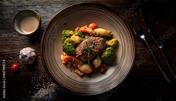 Fototapeta Gourmet Grilled Steak Dinner with Roasted Vegetables and Herbs
