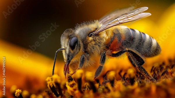 Fototapeta Bee Pollinating Sunflower Macro