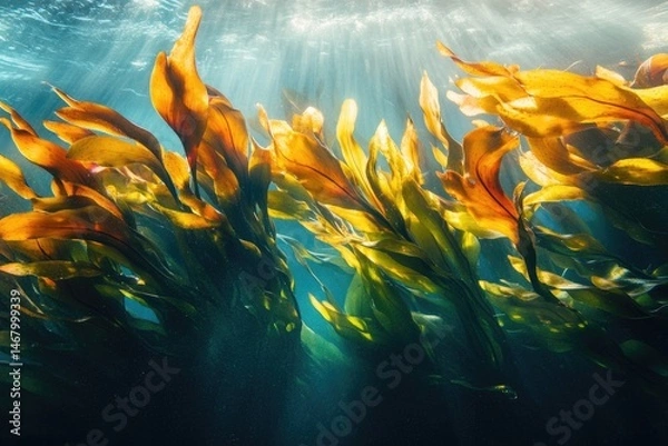 Fototapeta Underwater scene of golden kelp forest illuminated by sunlight, creating an ethereal and vibrant marine ecosystem filled with life.