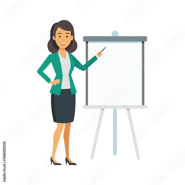 Obraz Female manager giving presentation at whiteboard on transparent background