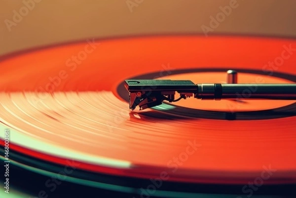 Fototapeta Close-up shot of a vintage turntable with a vibrant orange record, embodying the retro charm of analog music.