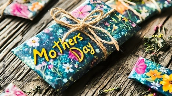 Fototapeta Gifted seed packets tied with string on wooden table and a vibrant text "Mothers Day"