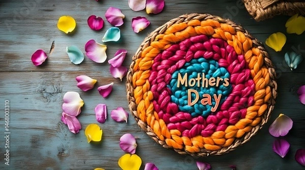 Fototapeta Handmade trivet gift on decorated table with petals and a vibrant text "Mothers Day"