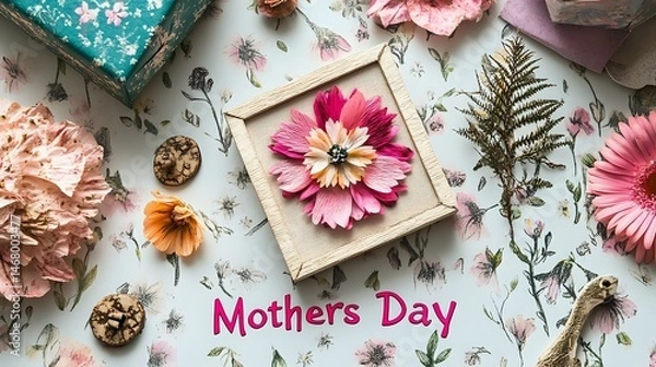 Fototapeta Mini flower press kit gift placed near themed items and a vibrant text "Mothers Day"