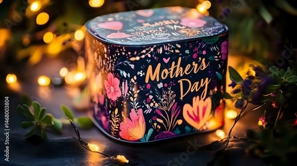 Fototapeta Surprise keepsake tin gift with lid design under festive lights and a vibrant text "Mothers Day"