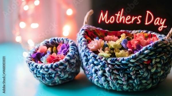 Fototapeta Surprise knitted basket gift with floral liners under soft lighting and a vibrant text "Mothers Day"