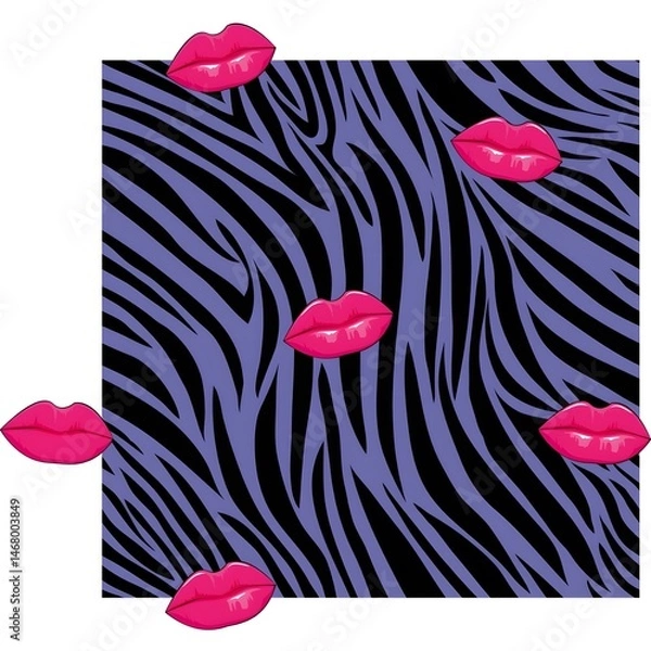 Obraz Purple Zebra Print with Pink Lips – Bold Glam Rock Seamless Pattern
