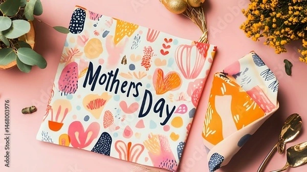 Fototapeta Surprise tea towel gift with print pattern placed in festive setup and a vibrant text "Mothers Day"