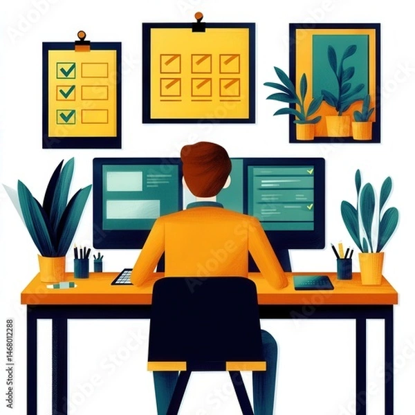 Fototapeta Person working at desk with monitors and checklists