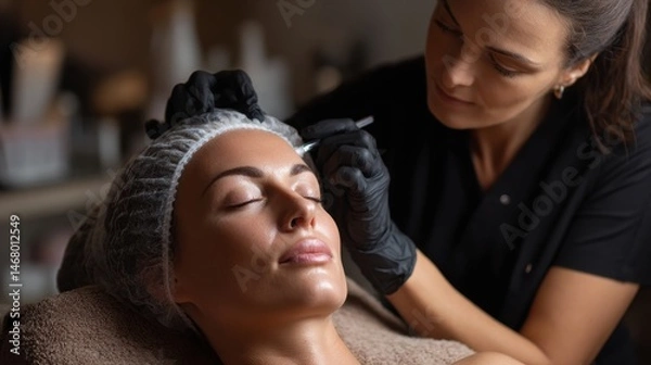Fototapeta Beautician Applying Eyebrow Treatment in a Bright Salon With Soft Focus on Clients Relaxation and Care Generative AI