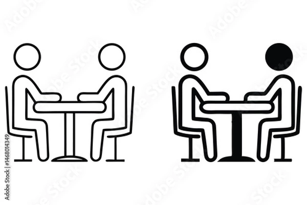 Fototapeta Stick figures show people sitting at table with different filled in heads