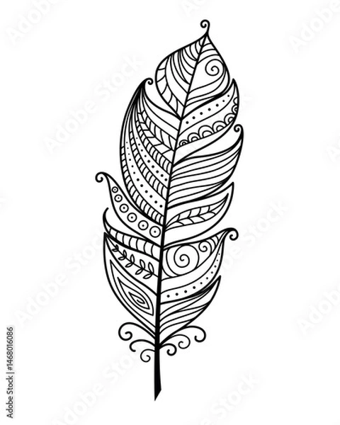 Fototapeta Hand drawn doodle feather in black outline. Decorative zentangle style element with intricate patterns. Ideal for coloring books, tattoos, or boho design projects.