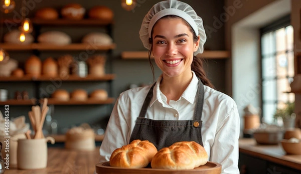 Fototapeta Cheerful Chef Making Fresh Croissants in a Rustic Kitchen