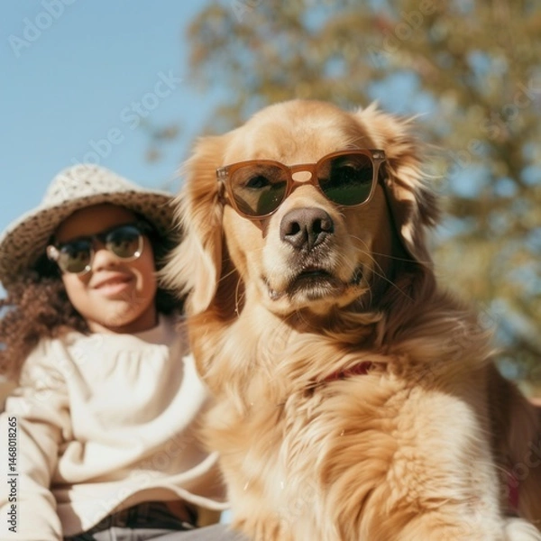 Fototapeta a joyful golden retriever with sunglasses in a sunny park, playing with kids, cheerful stock photo style --profile dt4vqu9