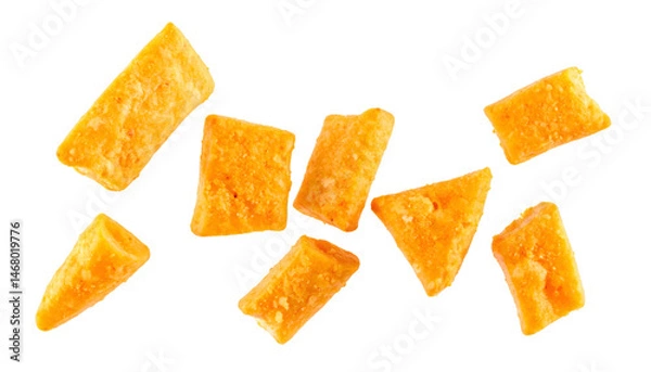 Fototapeta Multiple queso fresco bits falling with realistic texture and natural lighting on transparent background