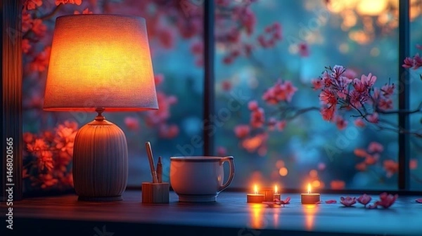 Fototapeta Cozy Lamp-Lit Coffee Scene with Candles and Blooming Window View lofi  
