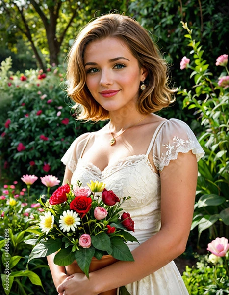Fototapeta A woman in a garden setting holds a bouquet of flowers. She is wearing a light-colored dress and has her hair styled in soft waves