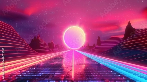 Fototapeta A retro-futuristic cityscape blending 2000s aesthetics with futuristic elements, featuring neon lights and analog textures 
