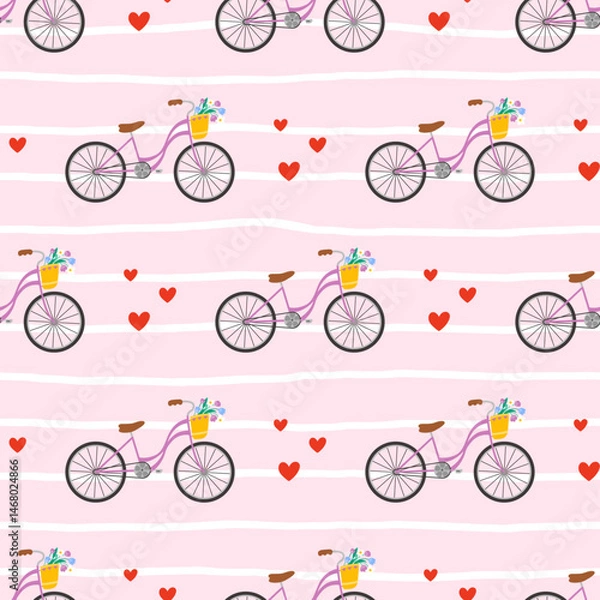 Fototapeta Seamless kawaii pattern with cute bicycles, flower baskets, and blooming spring details. Adorable vector design perfect for summer textiles, children wallpapers, and wrapping paper