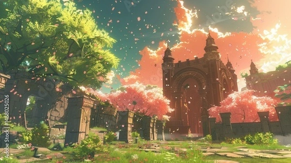 Fototapeta An epic fantasy anime landscape with glowing skies, intricate architecture, and vibrant colors, capturing a dreamlike atmosphere 