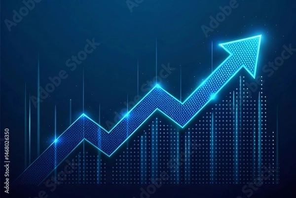 Fototapeta Glowing blue arrow illustrates upward growth and financial success within digital concepts