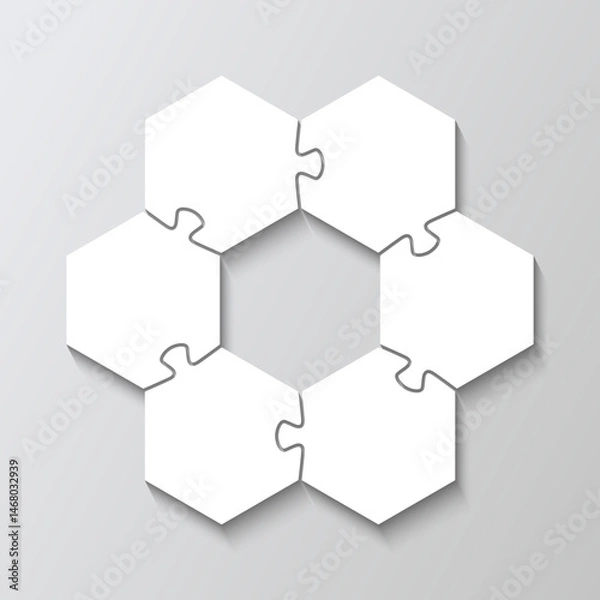 Obraz Hexagon info graphic with 6 steps in circle diagram. Puzzle business presentation pieces infographic. Jigsaw hexagonal grid. Business presentation for infographics. Vector illustration