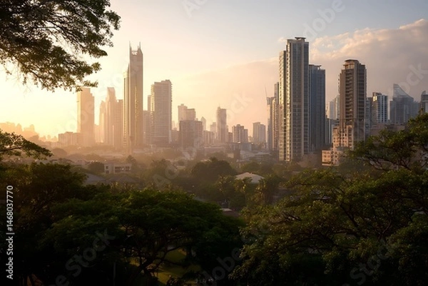 Fototapeta Dawn glow over urban skyline with trees radiance  
