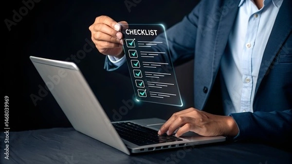 Fototapeta Businessman touching to tick correct mark in checklist to remind work task progressive for project develop management and tracking concept.