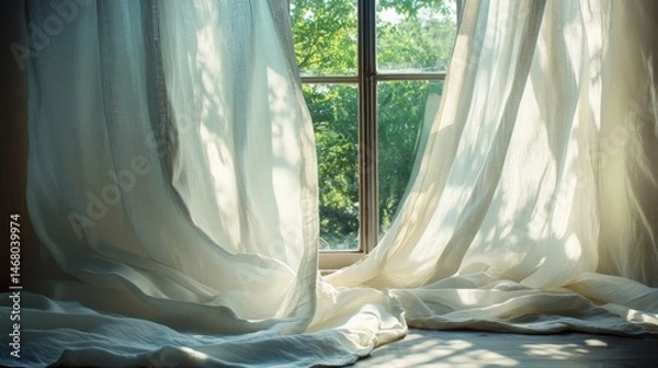 Obraz White Sheer Curtains Blowing Gently in Sunlight Filled Room