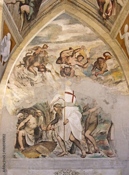 Fototapeta Cristo libera dagli inferi i giusti dell'Antico Testamento; affresco del Romanino nella  chiesa di Santa Maria della Neve a Pisogne (Brescia)