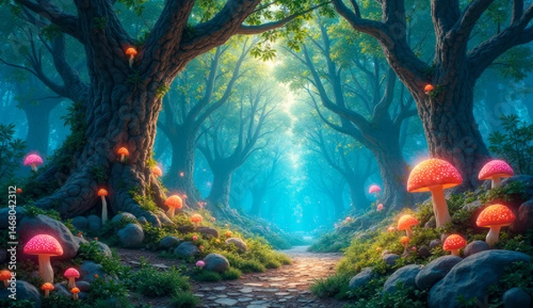 Fototapeta Enchanted Forest Path with Glowing Mushrooms and Misty Trees