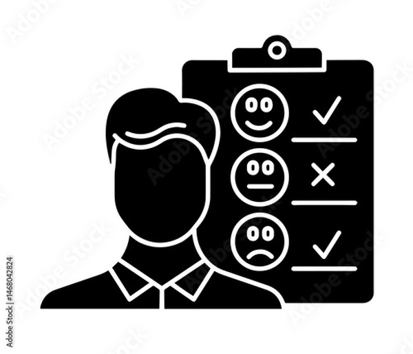 Fototapeta Man in Front of a Survey or Feedback Checklist with Smiley Faces and Marks. Customer Satisfaction, User Feedback, Review Evaluation, and Service Quality Control in Business or Marketing Contexts.