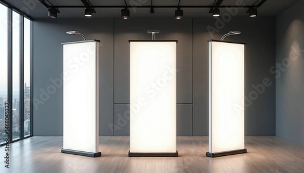 Fototapeta Empty information booth stand roll up board. Portable vertical pullup info banner mockup for ad, product presentation. Advertising, promo. Exhibition, trade show, conference, retail. Blank space for