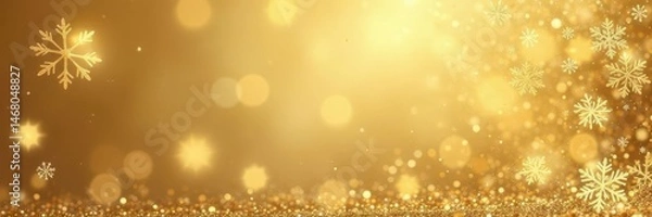 Fototapeta Elegant gold Christmas backdrop with shimmering snowflakes and sequins , shiny, gold background
