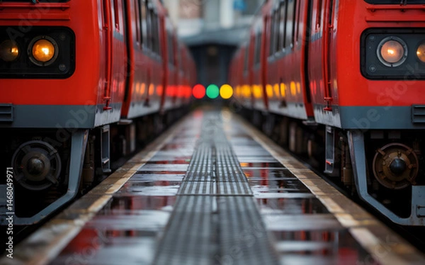 Fototapeta Red Train Engines on Rain-Soaked Railway Tracks at Nighttime