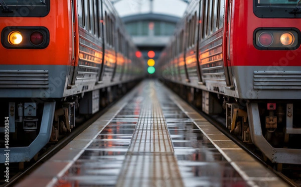 Fototapeta Night View of Red Locomotives on Wet Tracks with Reflections

