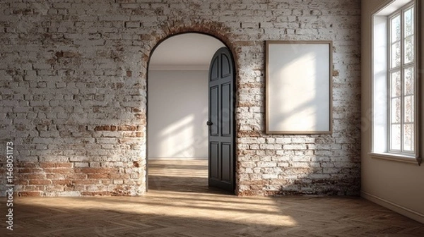 Fototapeta Rustic Brick Wall with Open Door and Empty Frame in Sunlit Room