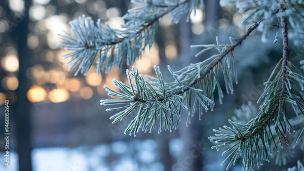 Fototapeta Winter Pine Close-Up with Snow Frost and Festive Bokeh Lights