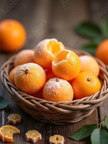 Obraz Frozen orange fresh fruit peeled on rattan basket on cold season for real food snack